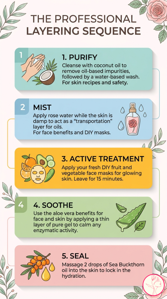 Infographic showing the 5-step professional layering sequence for natural ingredients for glowing skin