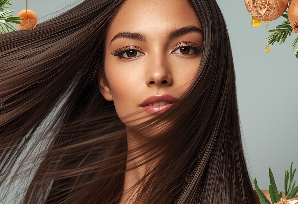 A beautiful woman with long, shiny hair showing how to grow hair faster naturally using homemade remedies.