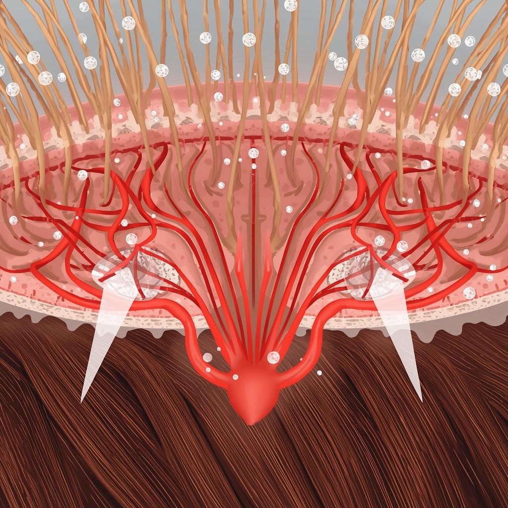 Diagram of a hair follicle showing increased blood circulation and thermal stimulation from a mustard hair mask for extreme growth.