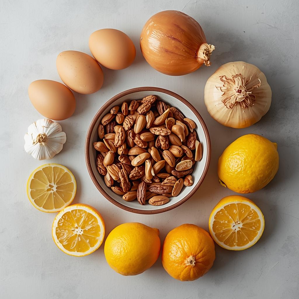 A flat lay of sulfur-rich foods like eggs, onions, and greens to support the hair growth cycle and nutrition.
