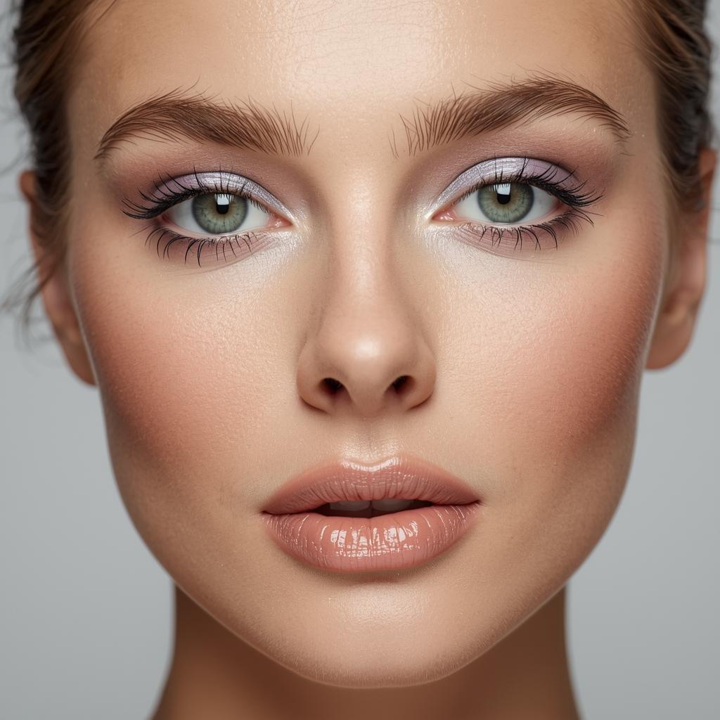 Balanced makeup look for green eyes with neutral lips and peach blush to complement purple eyeshadow.