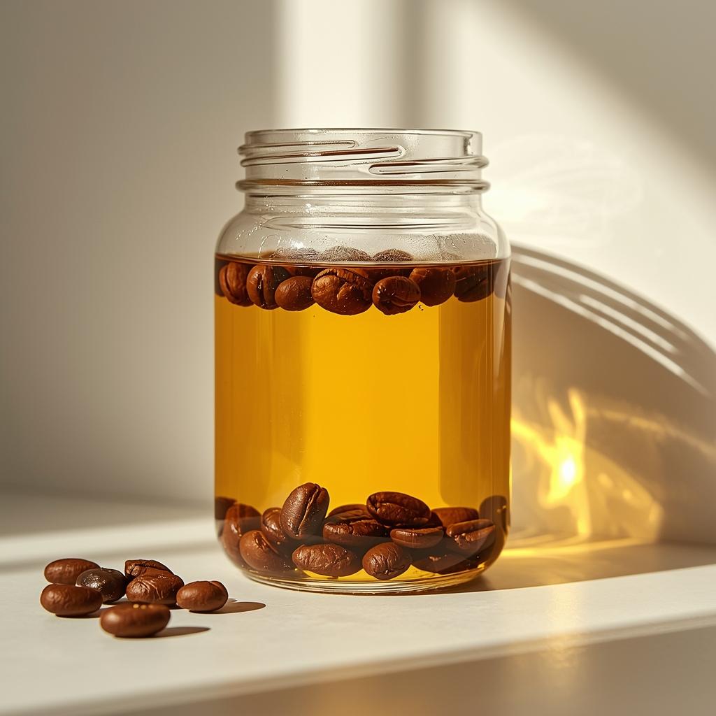 Anti-aging homemade eye serum with coffee oil infusion process in a glass jar.