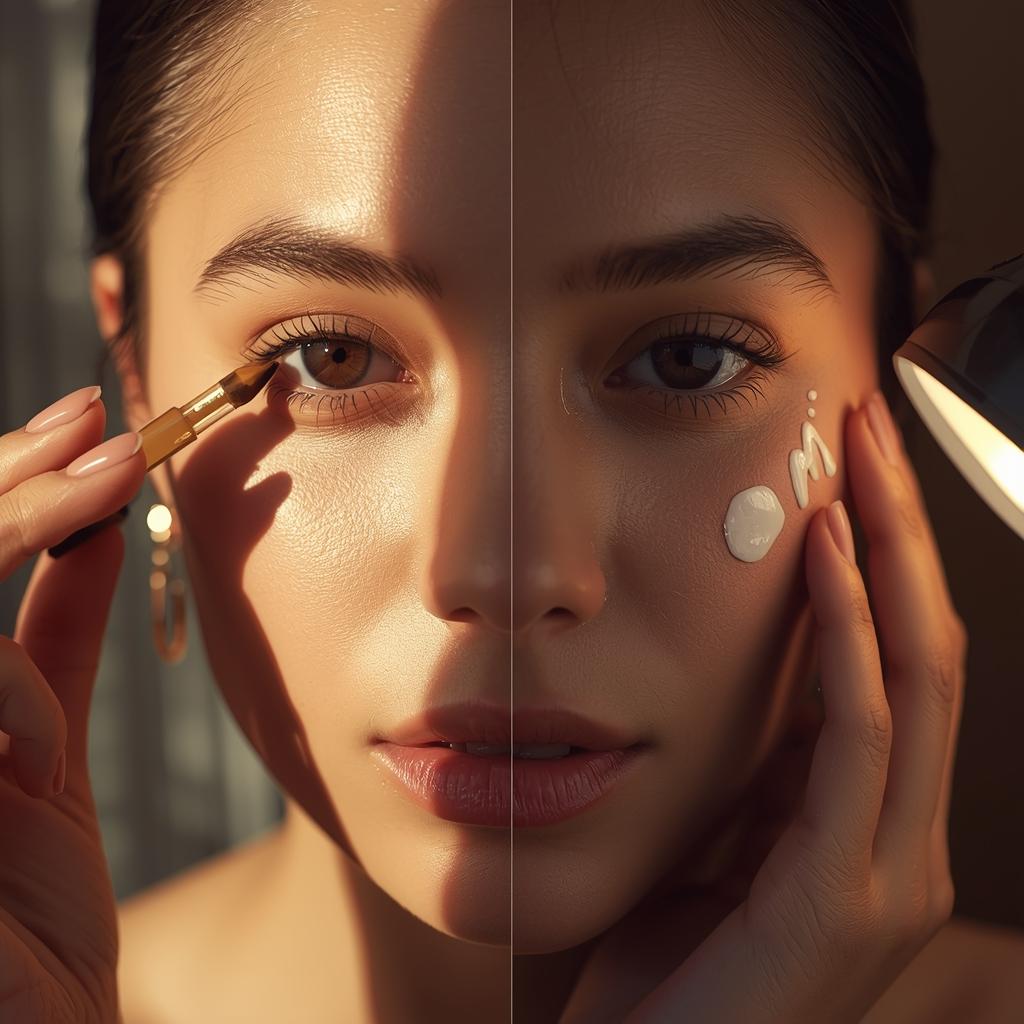 Daytime and nighttime homemade eye cream for wrinkles application ritual.