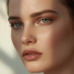 Professional makeup for green eyes featuring purple eyeshadow and gold shimmer for a high-contrast look.