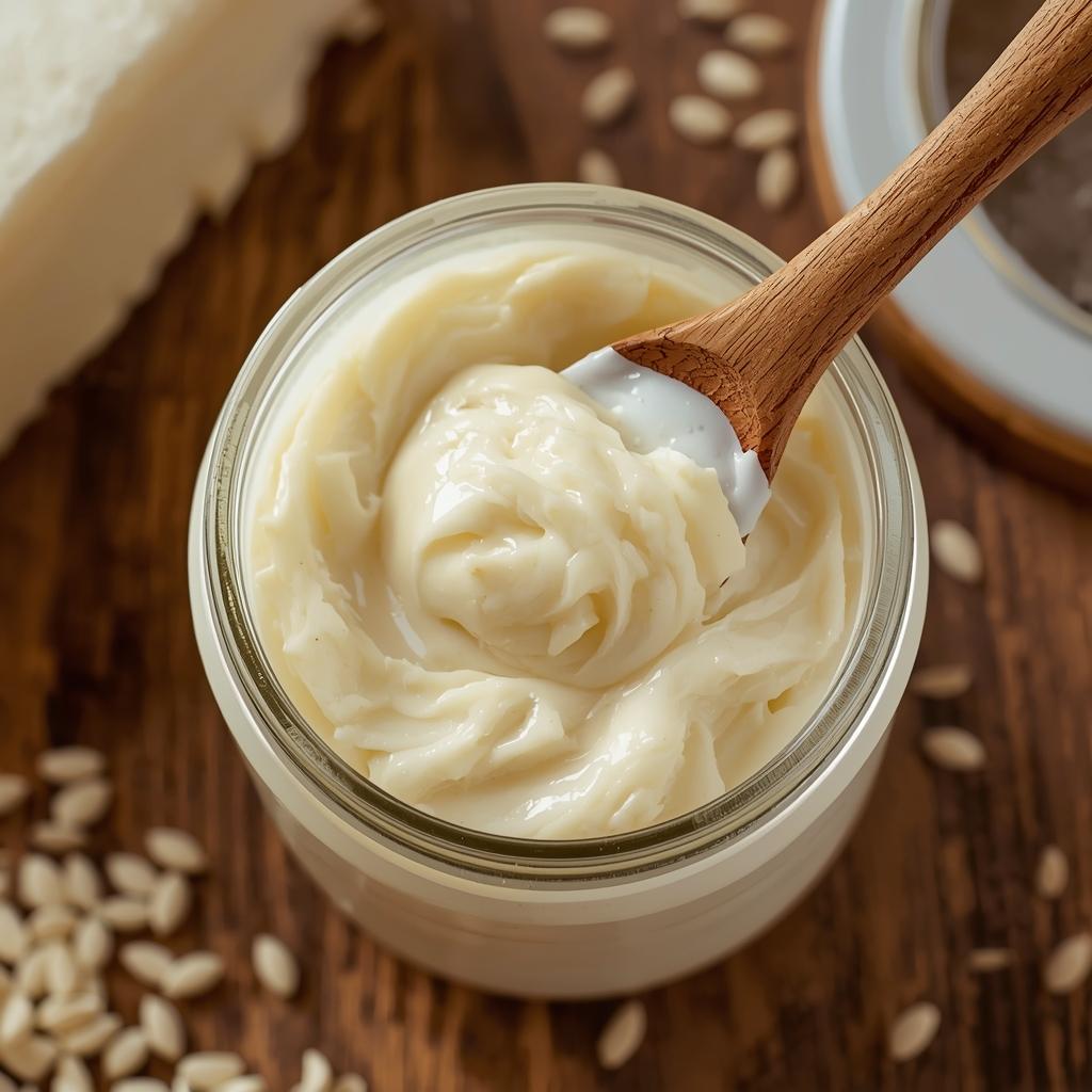 Whipped tallow and shea butter eye cream recipe texture in a glass jar.