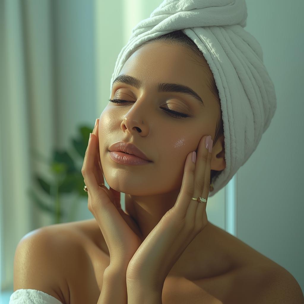 A radiant woman with clear skin at sunset after a biohacking makeup removal routine.