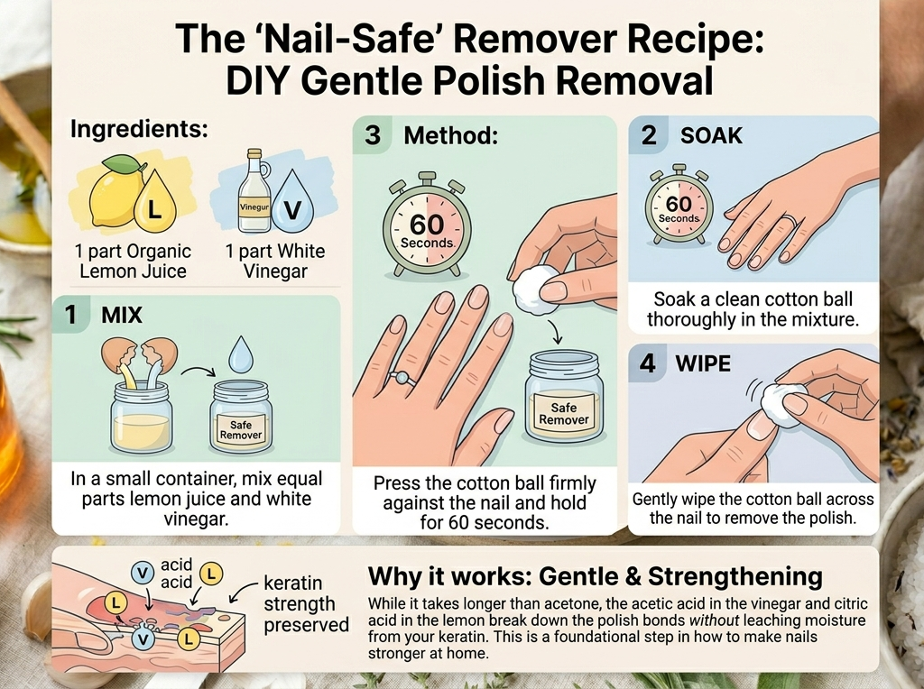 Infographic showing how to make nails stronger at home by avoiding acetone