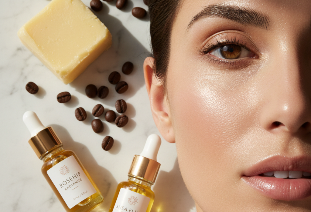 Homemade eye cream for wrinkles recipe ingredients including shea butter and coffee oil.