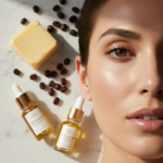 Homemade eye cream for wrinkles recipe ingredients including shea butter and coffee oil.