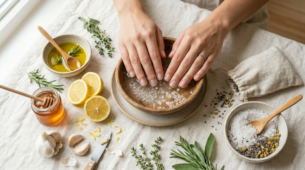 Home remedies for peeling and brittle nails using sea salt and warm water