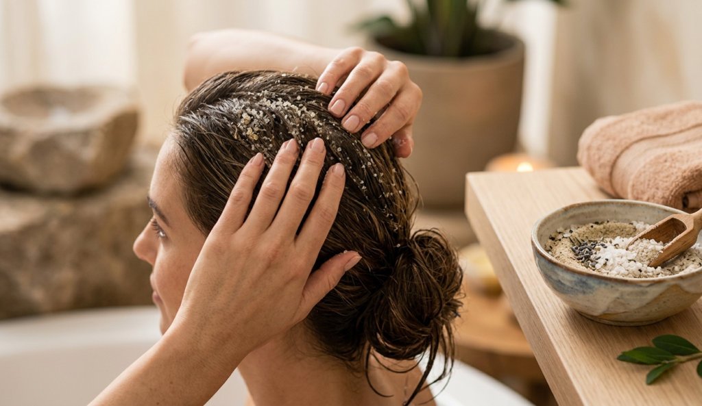 Scalp detox ritual with sea salt and natural oils for oily hair care