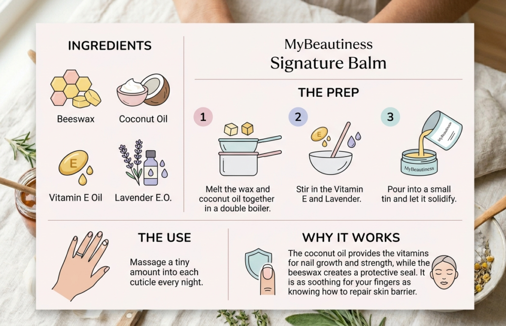 Recipe infographic for the "Liquid Gold" balm: best natural nail strengthener recipes