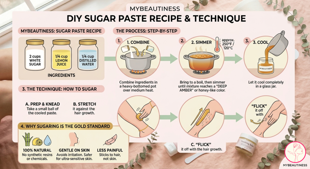 Infographic for DIY sugar paste recipe: natural body hair removal at home