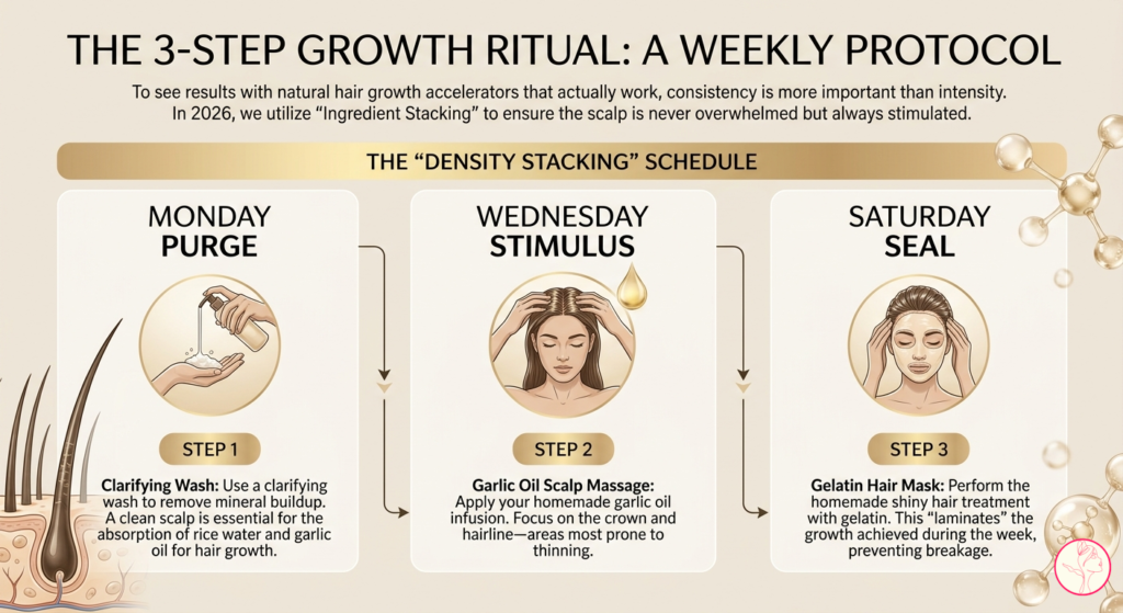 Infographic for the 3-step hair growth ritual: The Purge, The Stimulus, and The Seal.