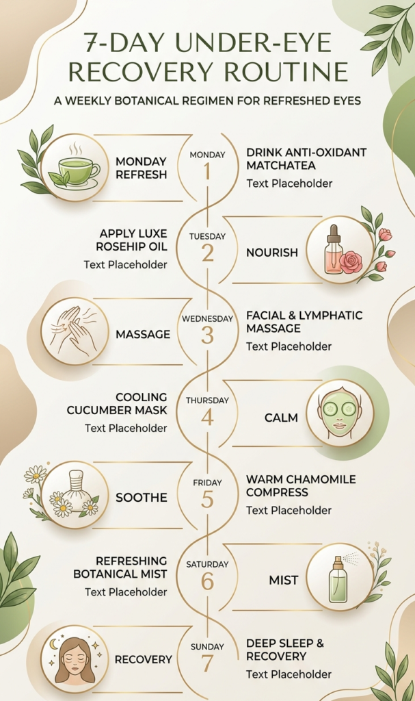 7-Day Eye Care and Drainage Routine calendar with natural eye recovery tips for bags.