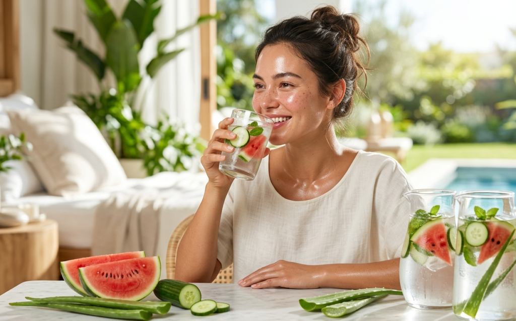 Fresh cucumbers and aloe vera representing hydration bio-hacking for skin.