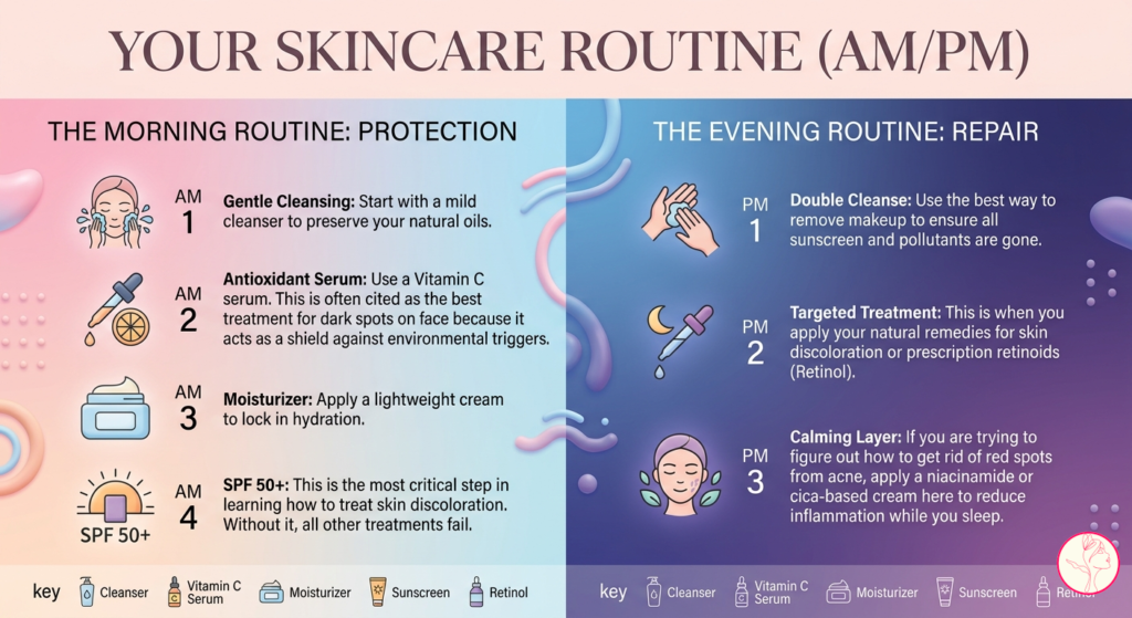 Infographic: Morning vs Evening routine for treating skin discoloration