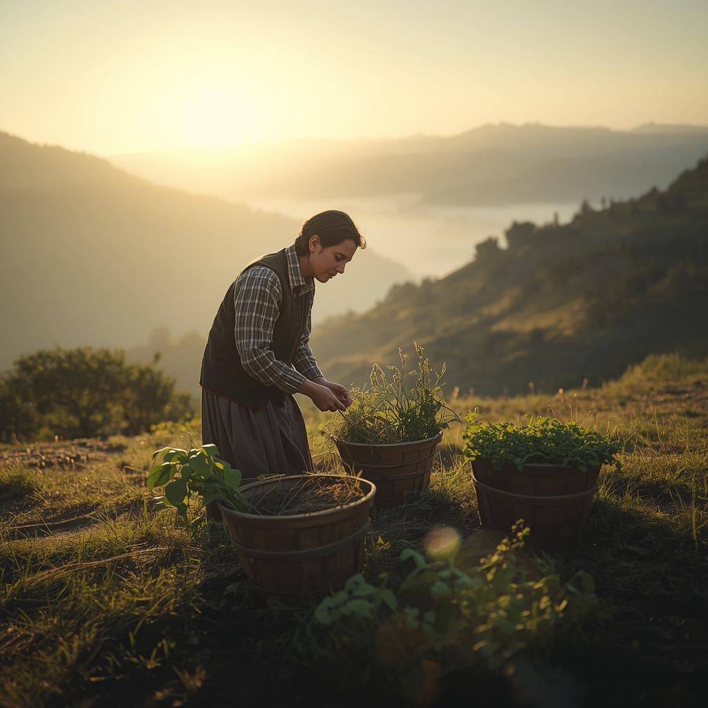 Traditional Bulgarian herbalist preparing tinctures in the Rhodope Mountains.