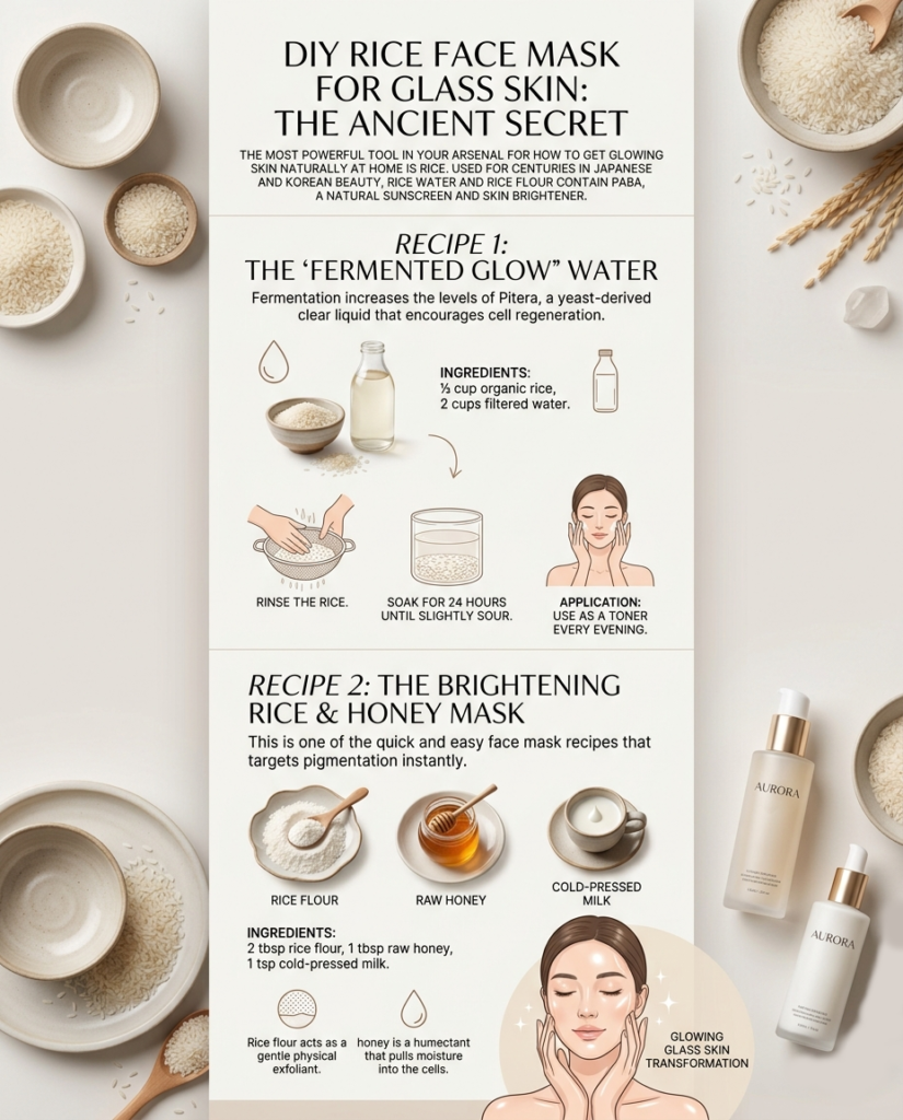 Infographic for DIY rice face mask for glass skin recipes and benefits.