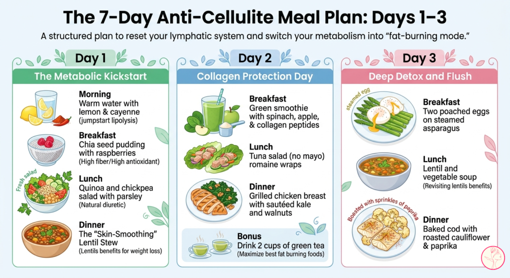 7-Day Anti-Cellulite Meal Plan infographic for Days 1-3: Metabolic Kickstart and Detox.