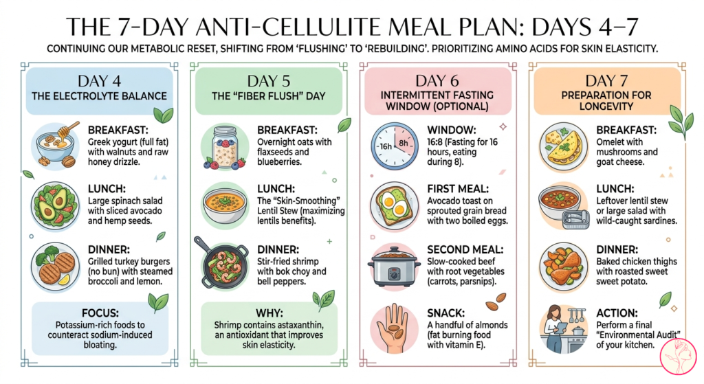 7-Day Anti-Cellulite Meal Plan infographic for Days 4-7: Rebuilding and Longevity.