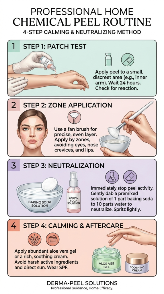 Infographic outlining the step by step application protocol for home chemical peels.