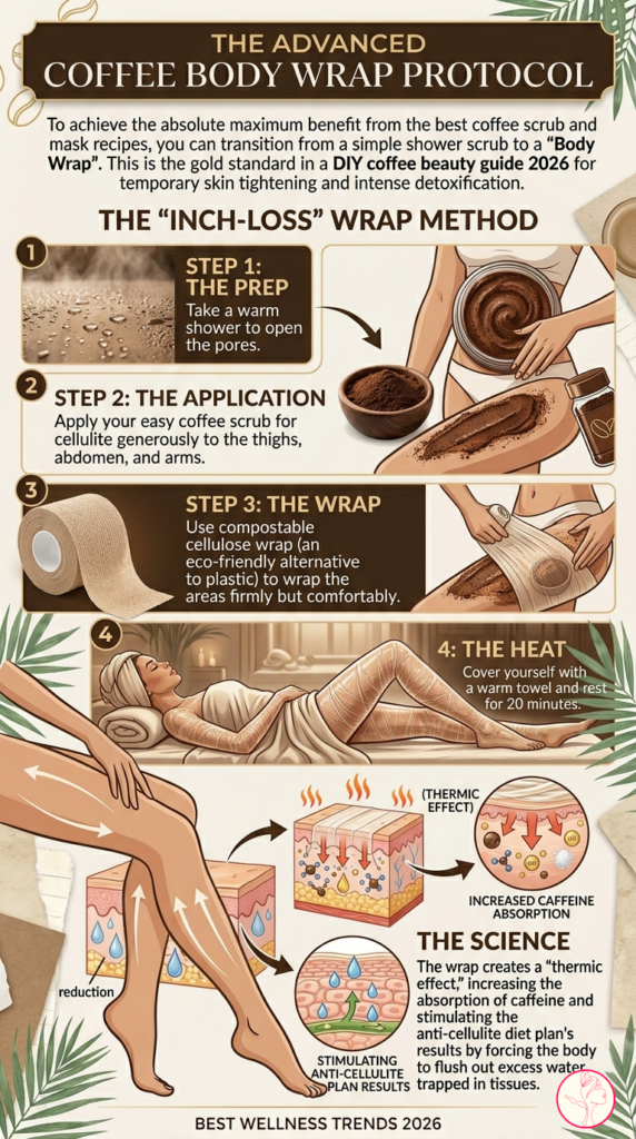 Step-by-step infographic for an advanced coffee body wrap using compostable wrap and coffee scrub.