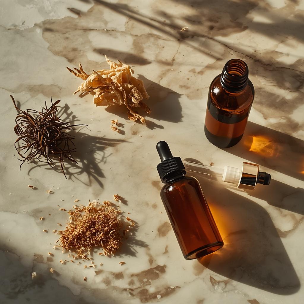 Premium botanical resins used as fragrance fixatives in flawless base makeup and perfume guide steps.