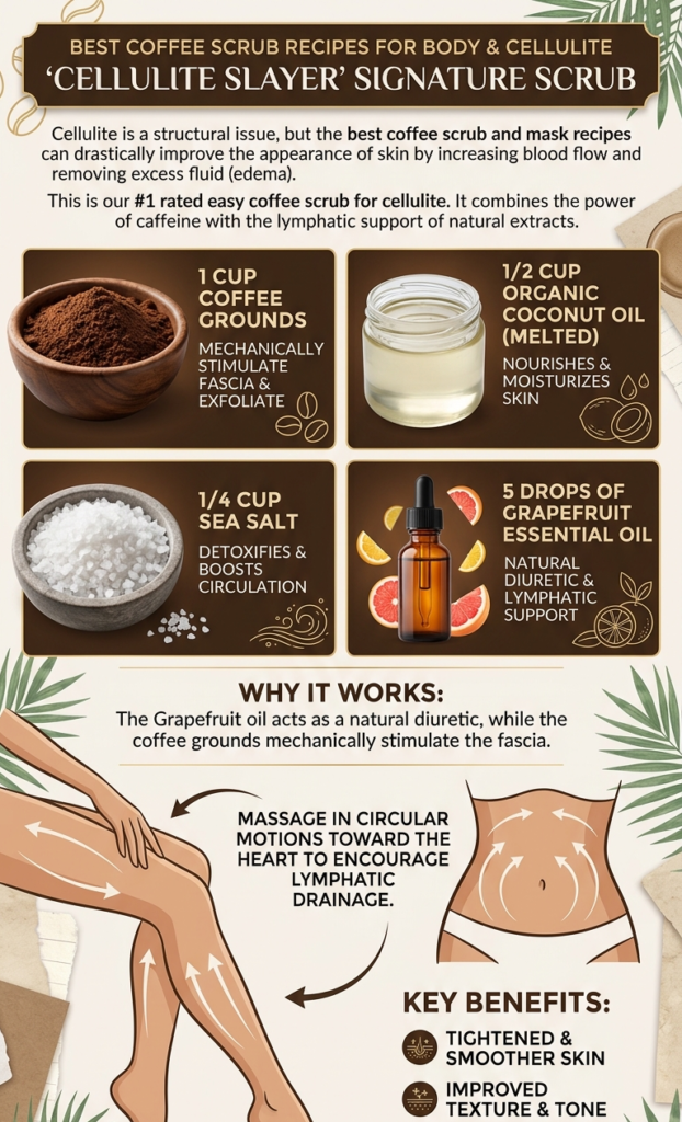 Infographic for the Cellulite Slayer Signature Scrub featuring coffee grounds and grapefruit oil.