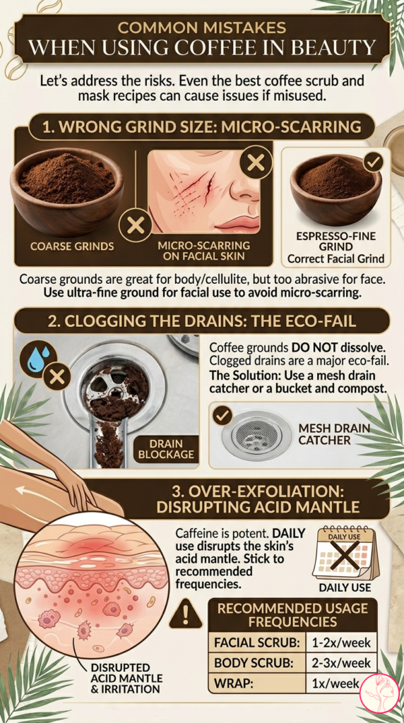 Warning infographic showing common DIY coffee beauty mistakes like wrong grind size and clogged drains.