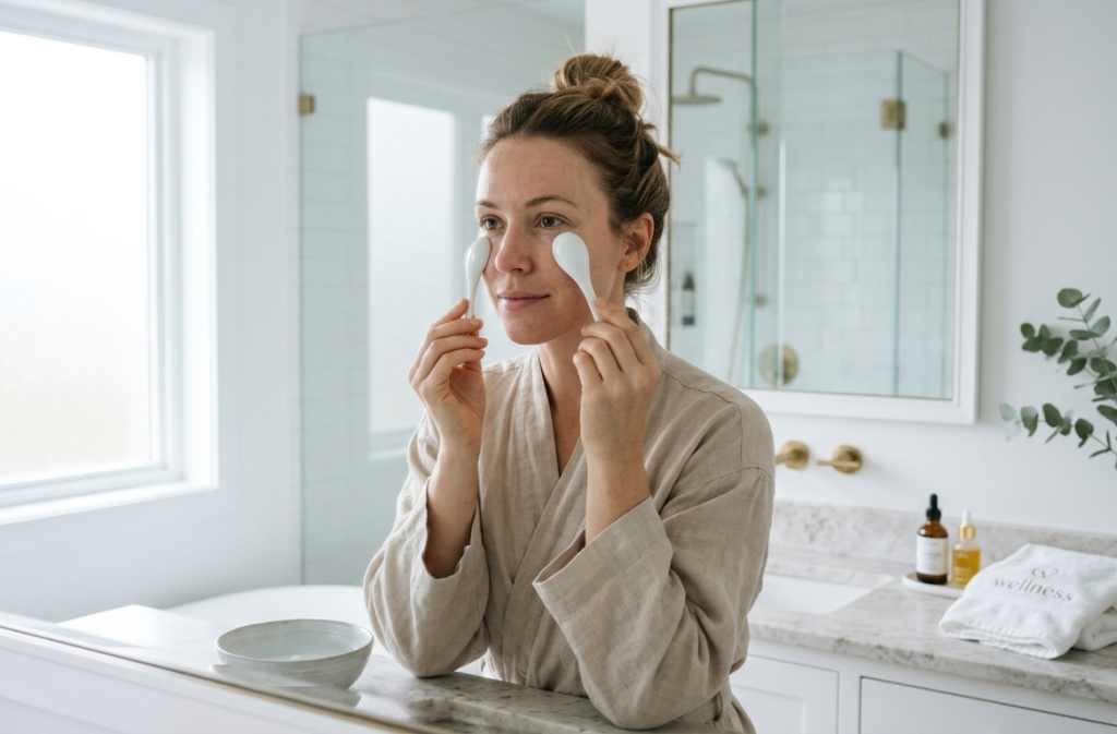 Cold spoon massage as part of natural eye recovery tips for bags.