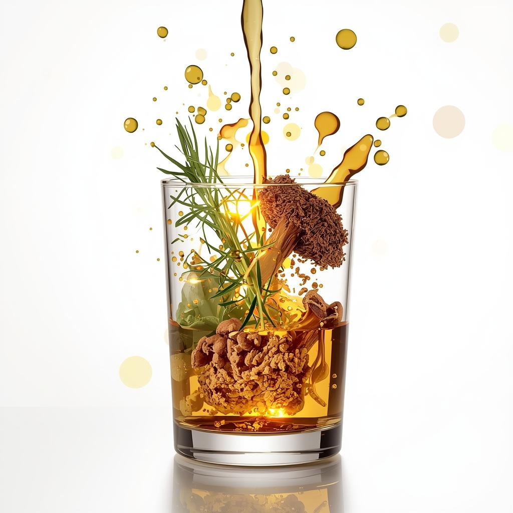 Synergy of Oil of Oregano, Rosehip, and Ginseng extracts on a wooden table.