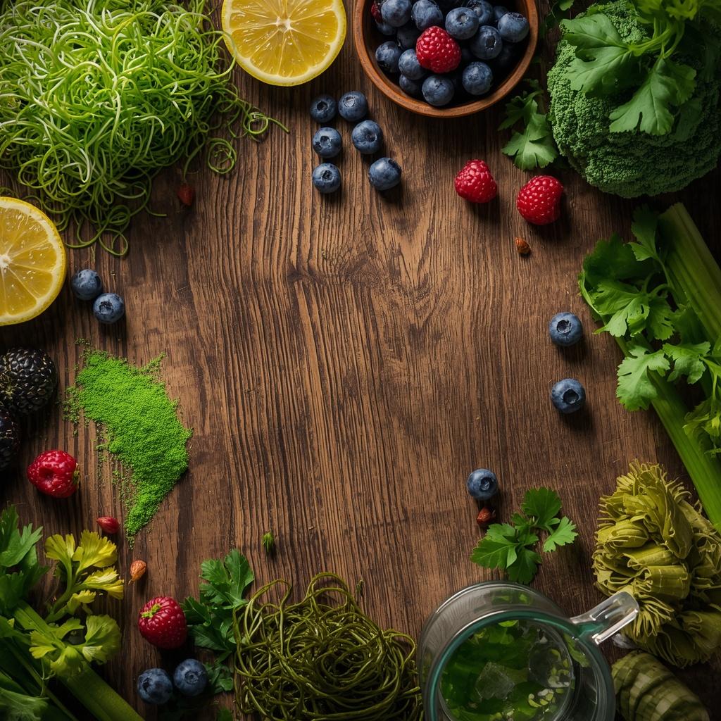 A collection of detox superfoods like broccoli sprouts, cilantro, and berries for a natural body cleanse.
