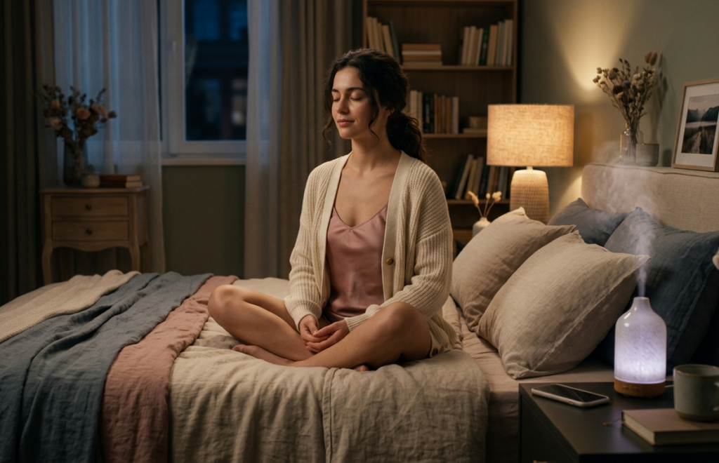 Self care rituals for stress relief including a digital detox and evening mindfulness.