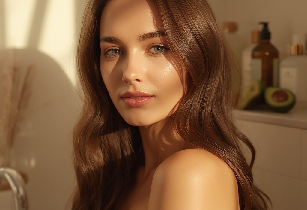 A woman with radiant skin and healthy hair demonstrating a natural dry skin and hair care routine for 2026.