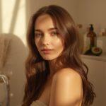 A woman with radiant skin and healthy hair demonstrating a natural dry skin and hair care routine for 2026.