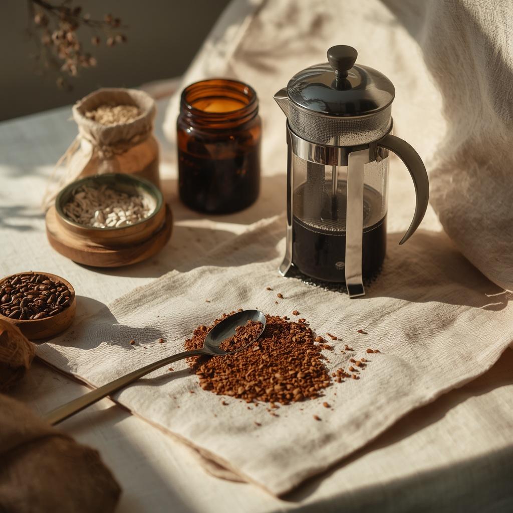 Close-up of recycled coffee grounds being dried for use in a zero waste natural beauty routine.
