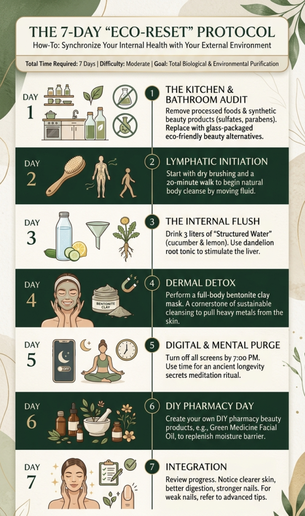 Infographic detailing the 7-Day Eco-Reset Protocol for a natural body cleanse and eco friendly beauty.