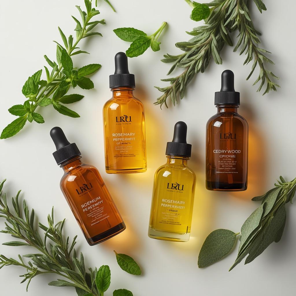 Essential oil pairings for hair growth including rosemary, peppermint, and cedarwood.