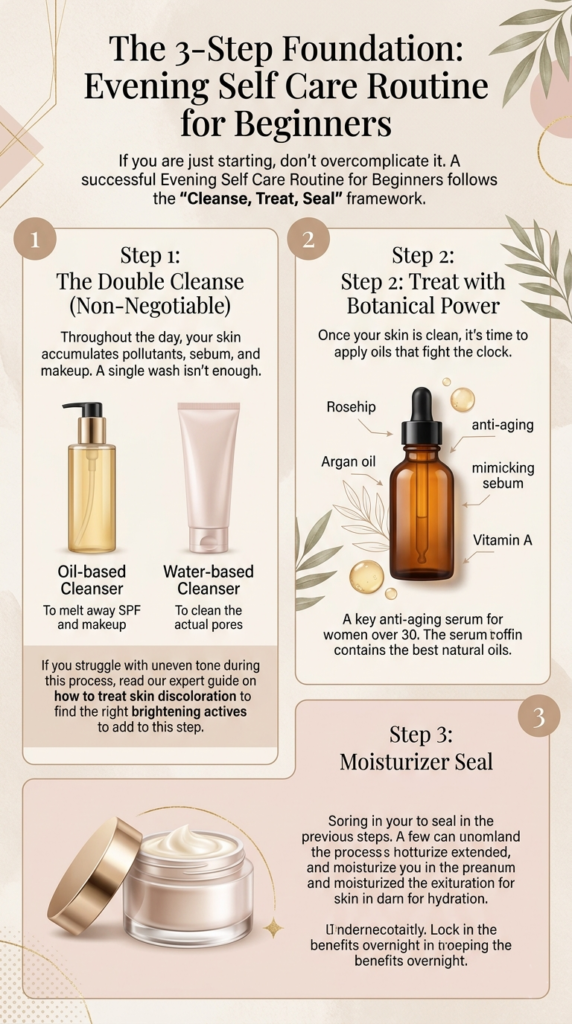 3-step foundation infographic for an Evening Self Care Routine for Beginners.