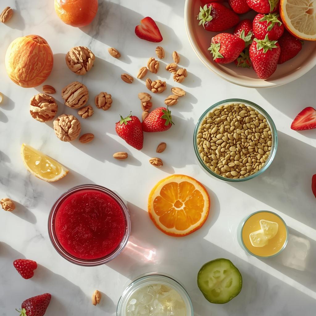 Flat lay of antioxidant-rich foods like berries and walnuts for the glass skin diet.
