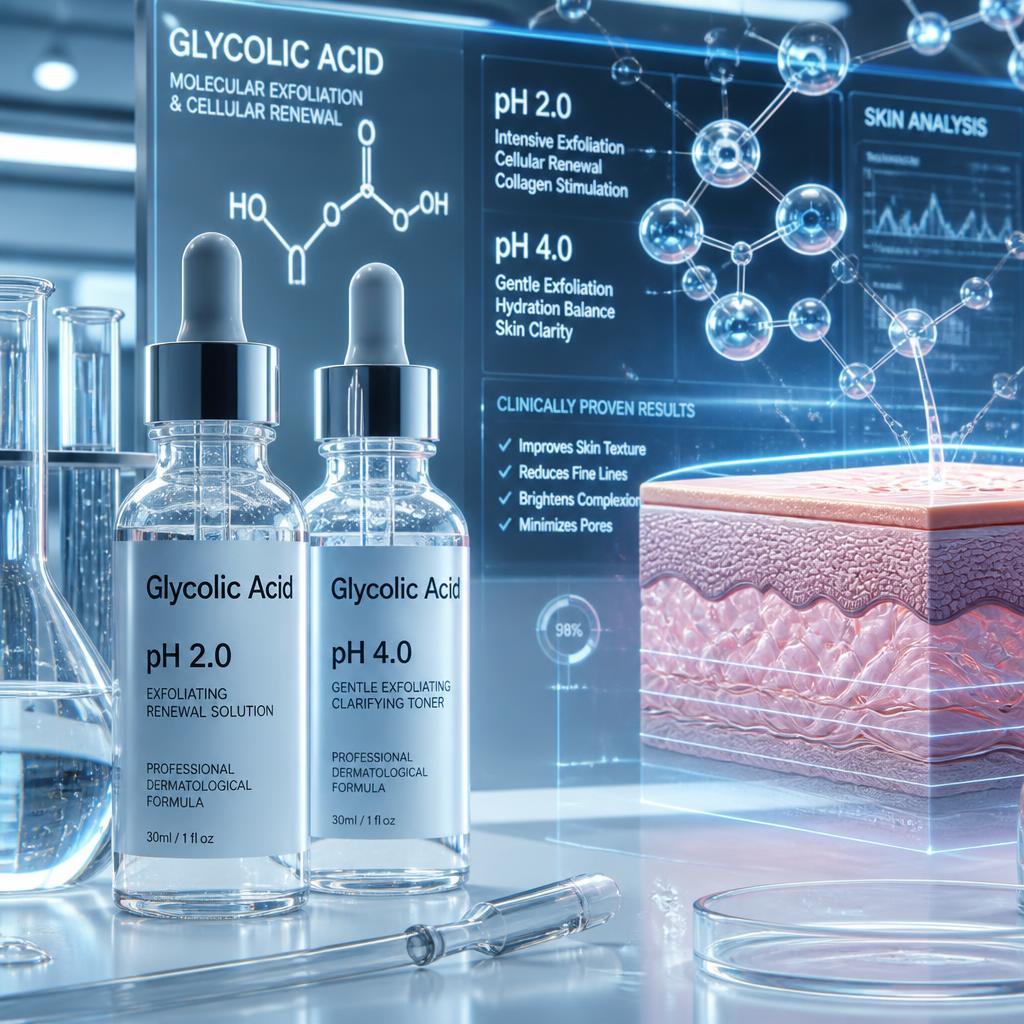 Chemistry diagram explaining DIY glycolic acid vs natural peeling pH levels.