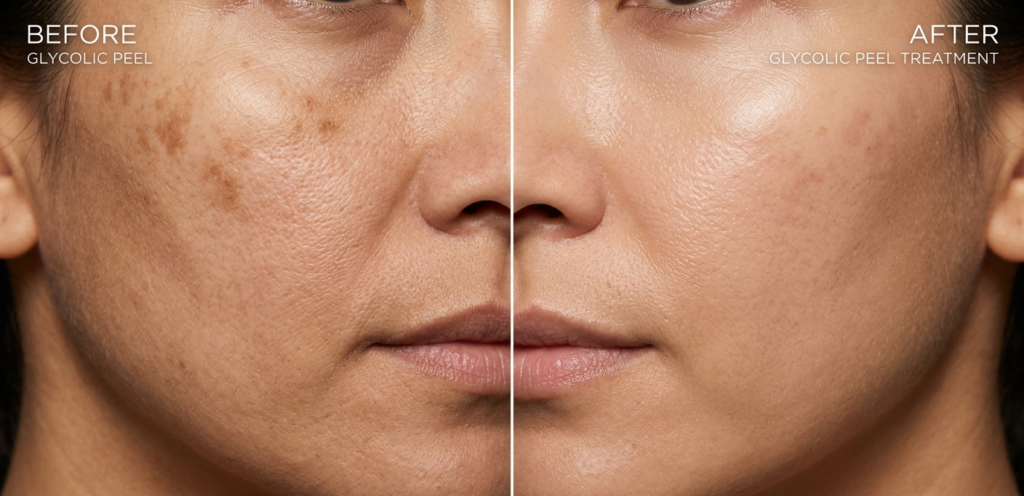 Glycolic peel reviews and results 2026 showing improvement in skin discoloration and texture.