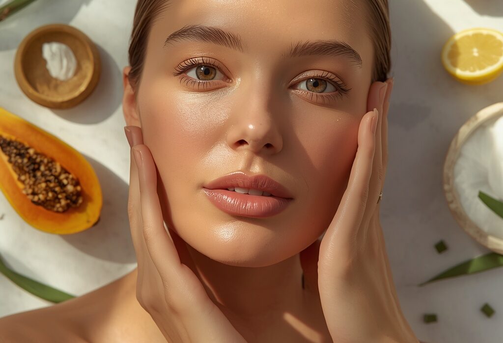 Professional skin peels at home secrets: Clinical glycolic acid bottles and natural peeling ingredients.