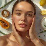 Professional skin peels at home secrets: Clinical glycolic acid bottles and natural peeling ingredients.