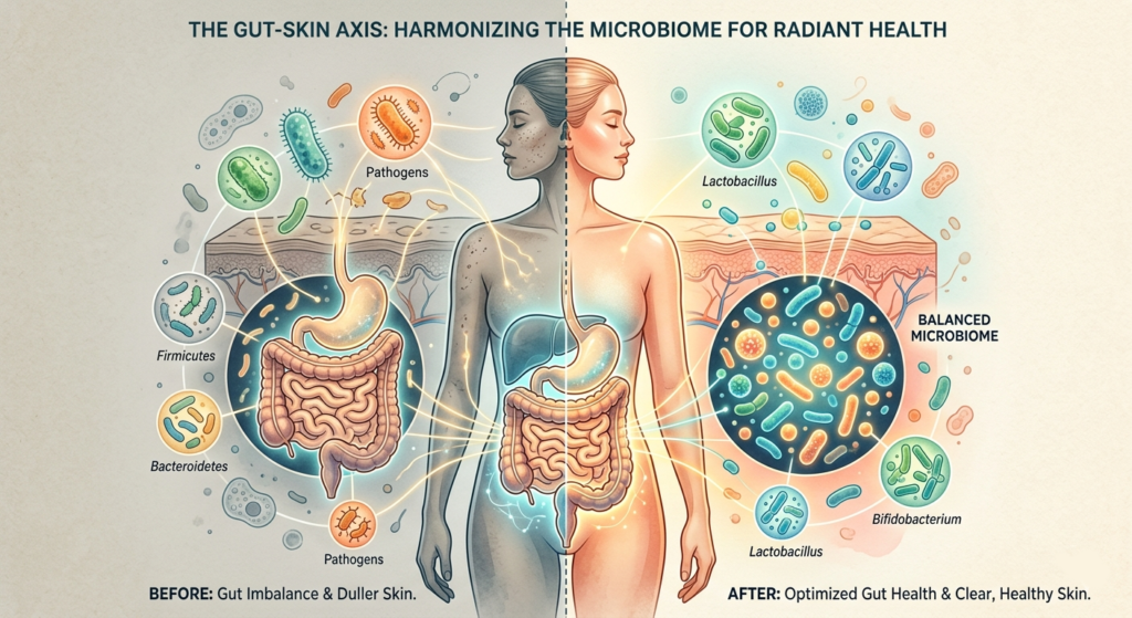Diagram of the gut-skin axis showing how natural extracts influence skin clarity.