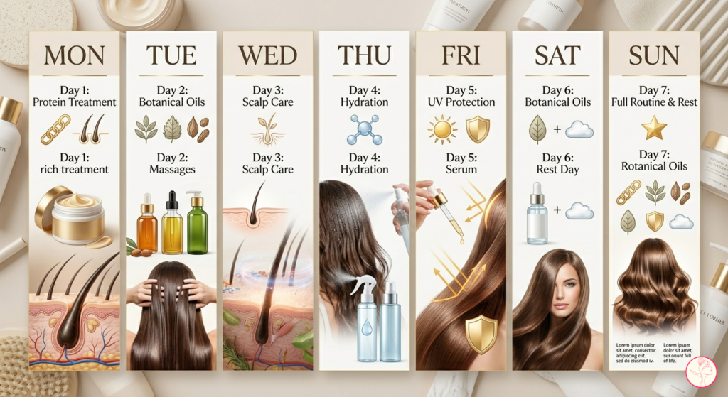 7-Day Color Care and Bond Repair Routine calendar with secrets for colored hair repair.