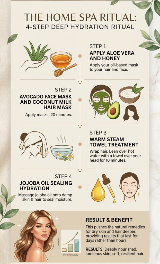 Infographic showing the steps of a natural home spa ritual for deep hydration treatments for hair and face.