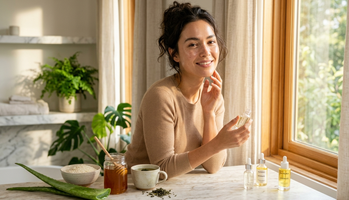 A woman with radiant skin practicing a nighttime routine showing how to get glowing skin naturally at home.