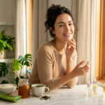 A woman with radiant skin practicing a nighttime routine showing how to get glowing skin naturally at home.